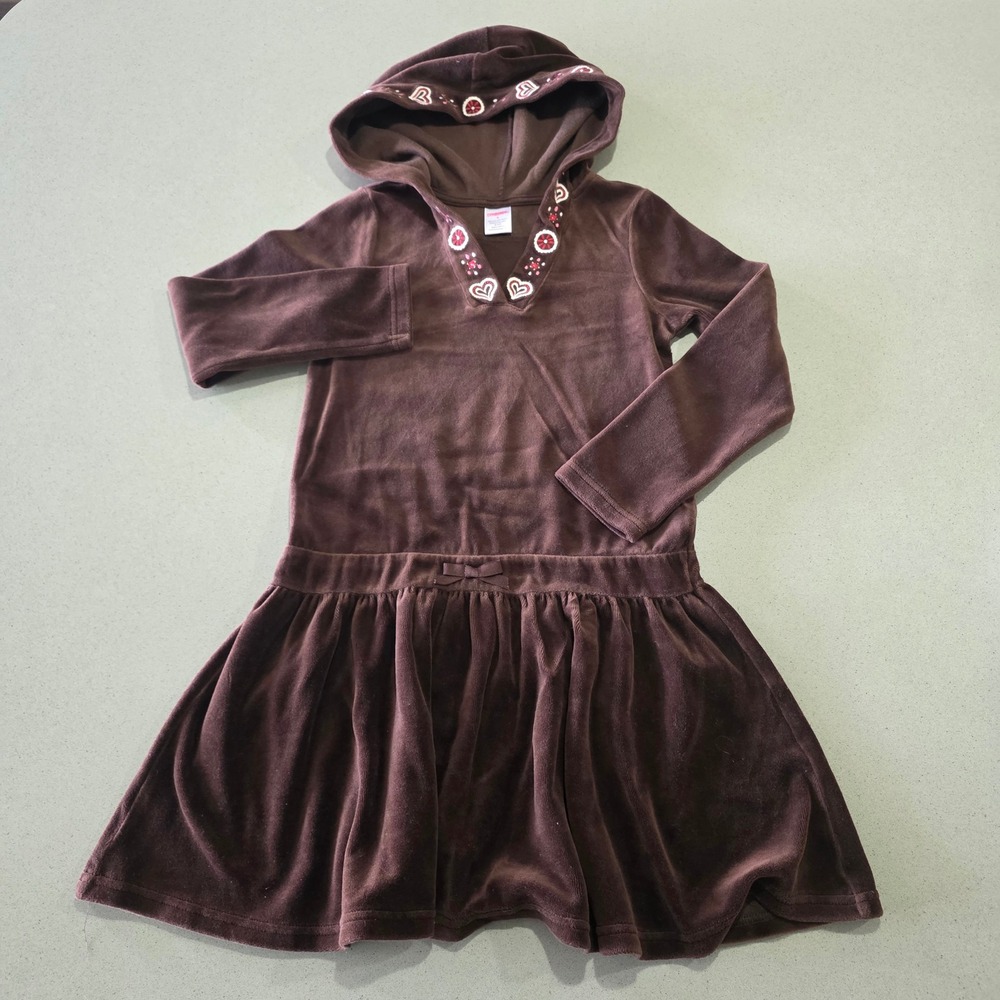 Gymboree Girls Brown Velour Hooded Dress Hearts Embroidery Size 8 0905